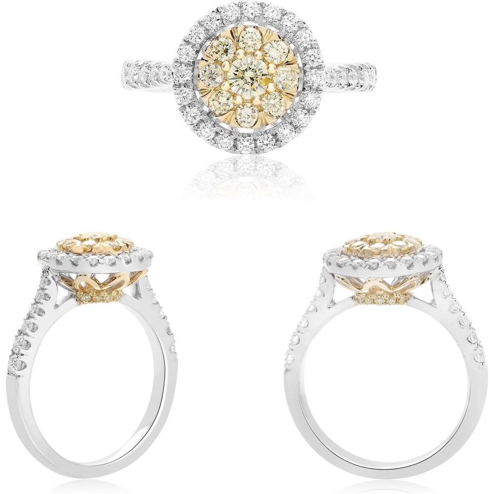 Roman & Jules - 14K White and Yellow Gold Pave Shank Round Diamond Cluster Ring with Fancy Yellow Diamond - 0.41 Carat Total Diamond Weight