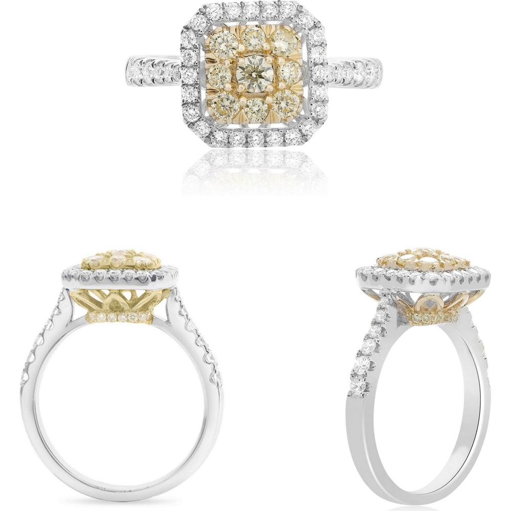 Roman & Jules - 14K White & Yellow Gold Pave Shank Square Diamond Ring with Fancy Yellow and Round White Diamonds - 1.00 Carat Total Diamond Weight