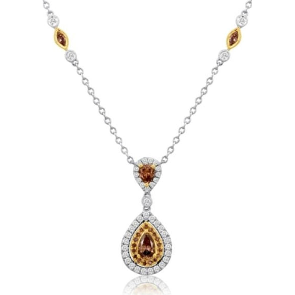 Roman & Jules - 14K White and Yellow Gold Pear Shaped Champagne Diamond Necklace with Round Diamond Halo - 1.01 Carat Total Diamond Weight
