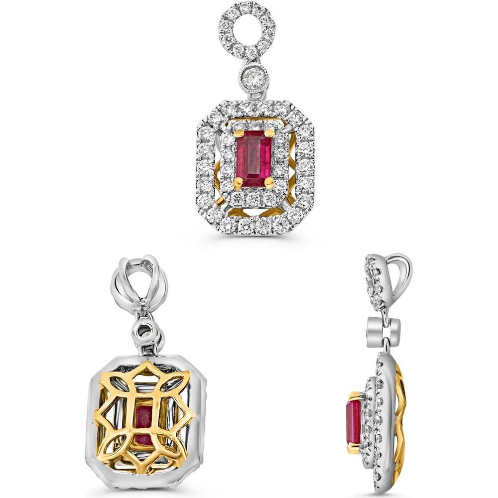 Roman & Jules - 14K White and Yellow Gold Pendant with Emerald Cut Ruby and Round Diamonds - 0.38 Carat Total Diamond Weight