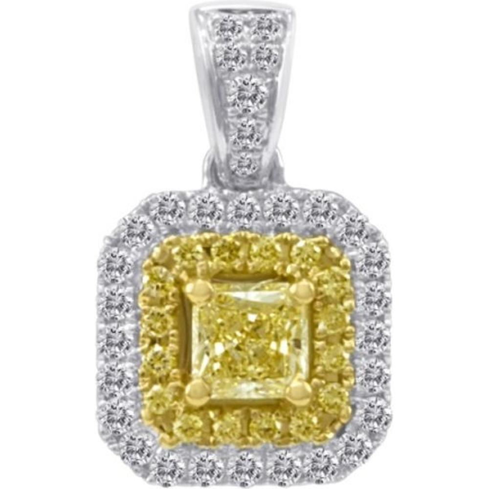 Roman & Jules - 14K White and Yellow Gold Radiant Fancy Yellow Diamond Pendant with Diamond Halo - 0.43 Carat Total Diamond Weight