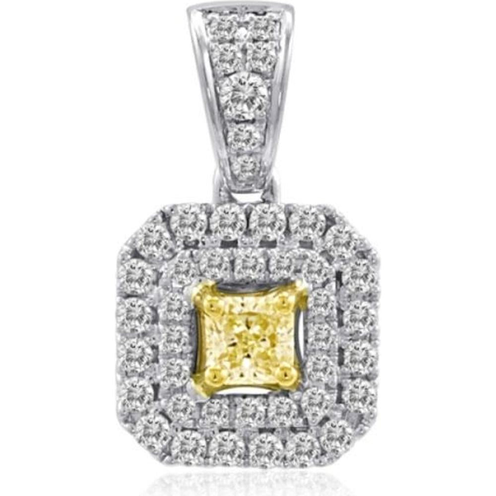 Roman & Jules - 14K White and Yellow Gold Radiant Fancy Yellow Diamond Pendant with Round Diamond Halo - 0.23 Carat Total Diamond Weight