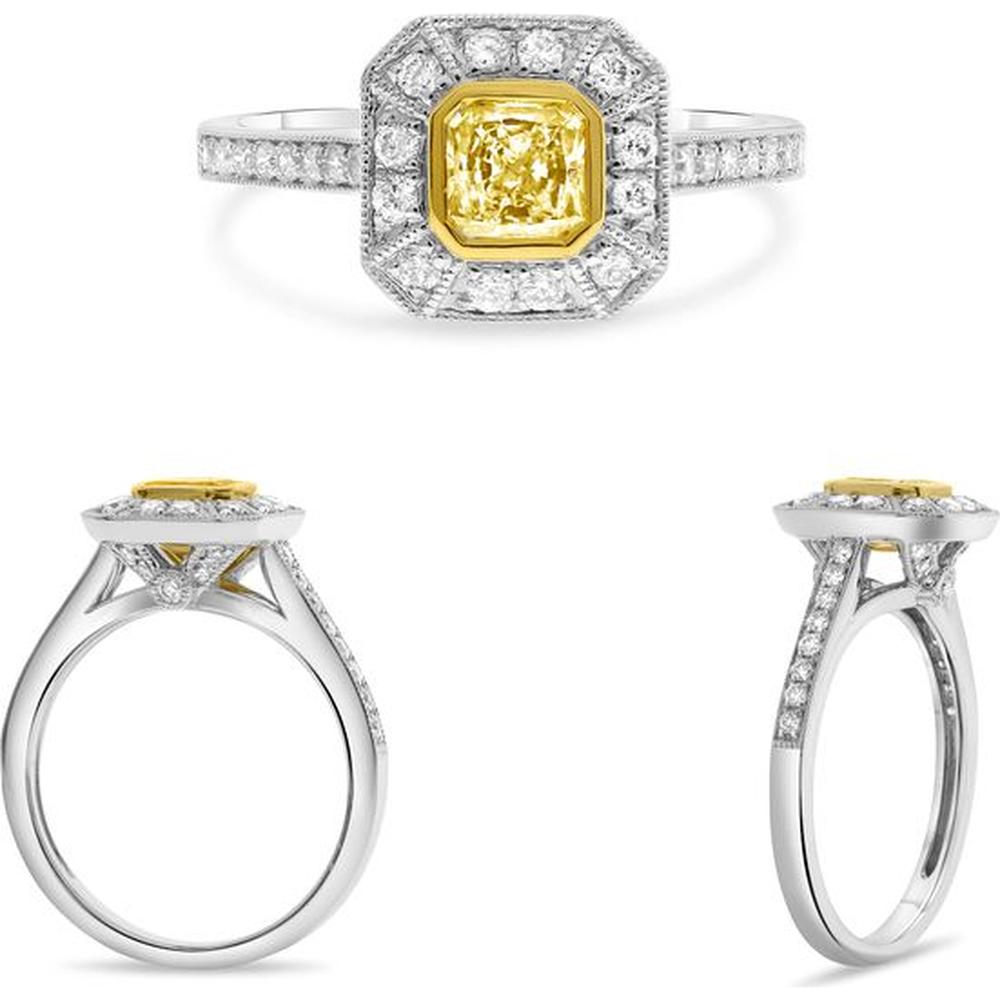 Roman & Jules - 14K White and Yellow Gold Radiant Fancy Yellow Diamond Ring with Diamond Halo - 0.98 Carat Total Diamond Weight