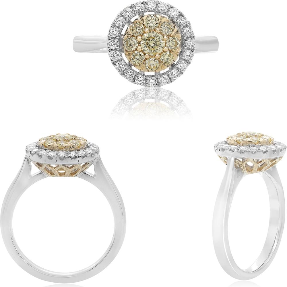 Roman & Jules - 14K White and Yellow Gold Round Diamond Cluster Ring with Fancy Yellow Diamonds - 0.39 Carat Total Diamond Weight