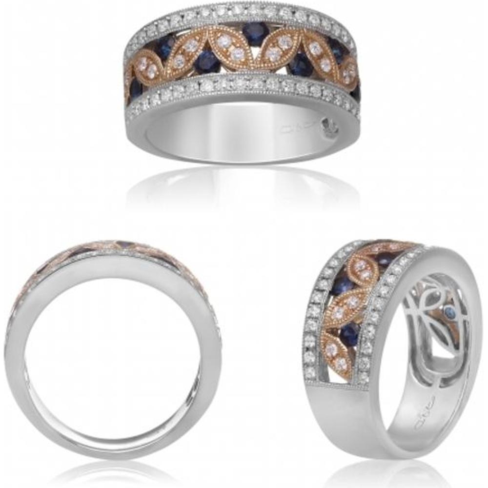 Roman & Jules - 14K White and Yellow Gold Round Sapphire and Diamond Ring with Milgrain Detail - 0.52 Carat Total Diamond Weight