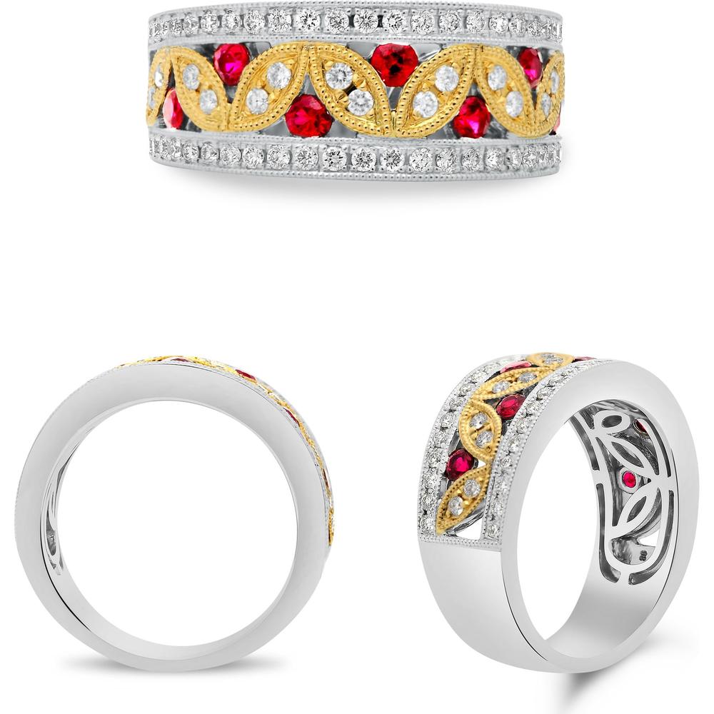 Roman & Jules - 14K White and Yellow Gold Ruby & Diamond Band with Milgrain Detail - 1.00 Carat Total Ruby and Diamond Weight