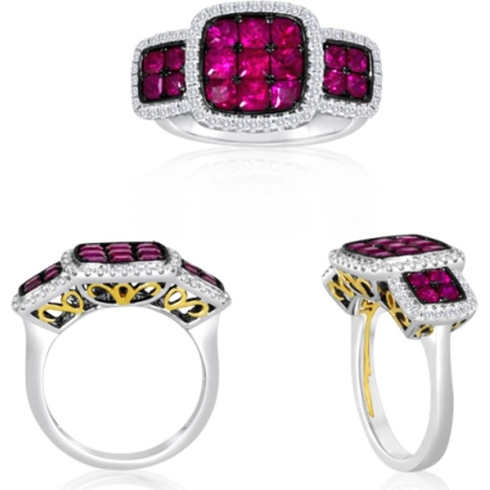 Roman & Jules - 14K White and Yellow Gold Triple Cluster Ruby Ring with Round Diamonds - 0.36 Carat Total Diamond Weight
