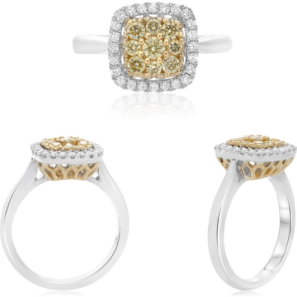 Roman & Jules - 14K White & Yellow Gold Yellow Diamond Cluster Ring with Round Diamonds - 0.67 Carat Total Diamond Weight