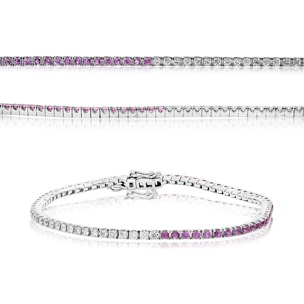 Roman & Jules - 14K White Gold 2-Carat Diamond & Pink Sapphire Tennis Bracelet with Prong Set Round Diamonds - 2.00 Carat Total Diamond Weight