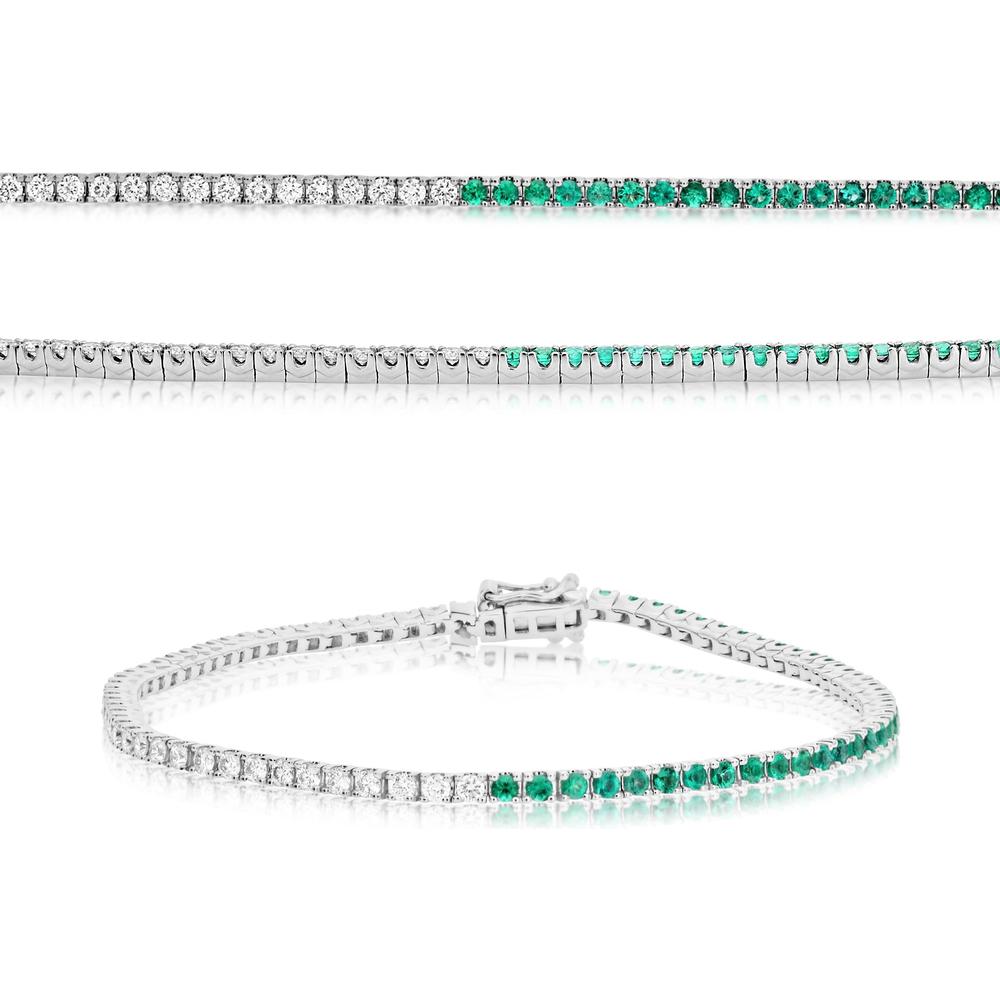 Roman & Jules - 14K White Gold 2-Carat Tennis Bracelet with Round Diamonds and Emeralds - 1.00 Carat Total Diamond Weight, 1.00 Carat Total Emerald Weight