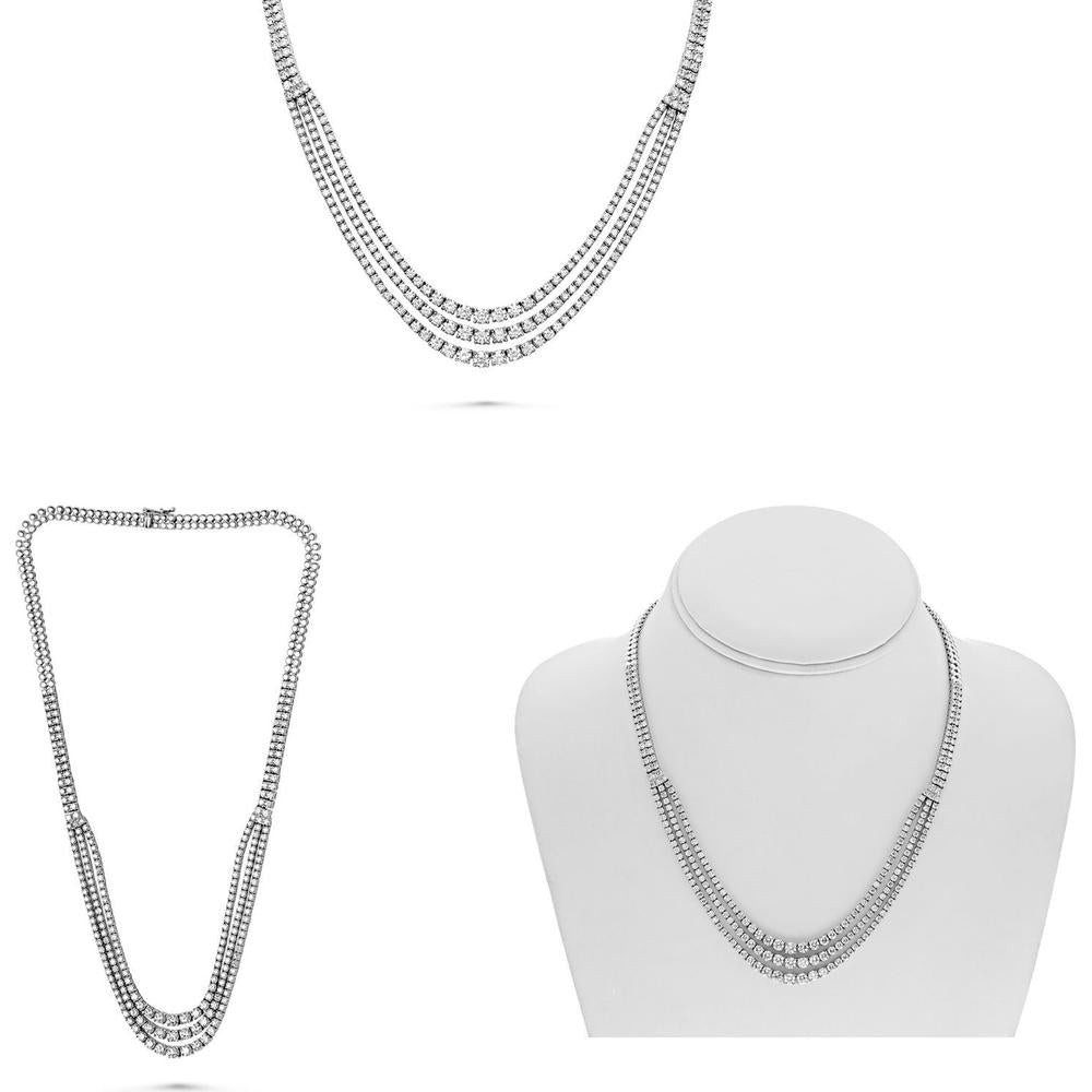 Roman & Jules - 14K White Gold 3-Row Round Diamond Necklace - 10.82 Carat Total Diamond Weight