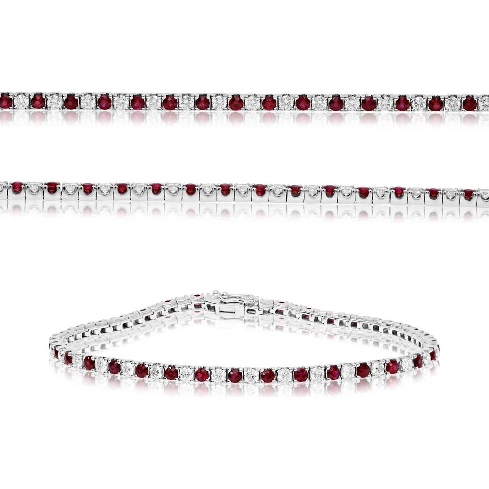 Roman & Jules - 14K White Gold 4-Carat Tennis Bracelet with Round Ruby and Diamond Prong Set - 2.30-2.35mm Stones