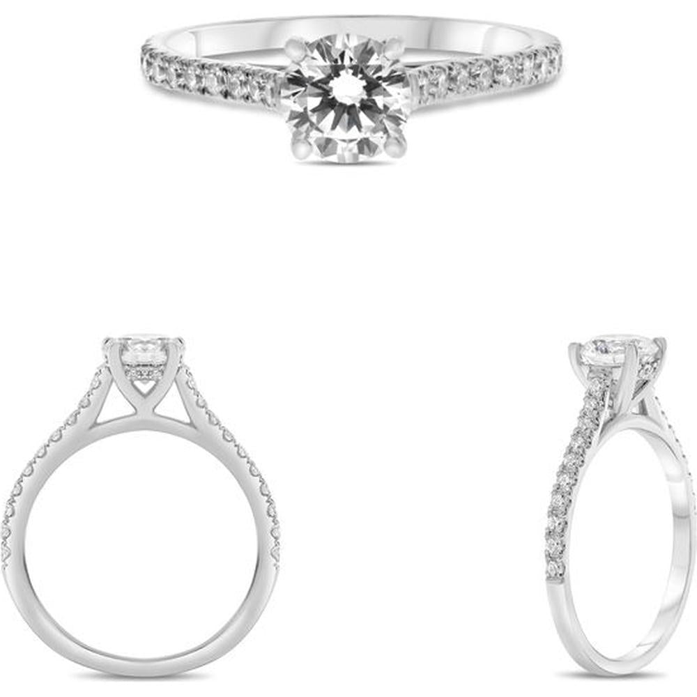 Roman & Jules - 14K White Gold 5.90mm Round Diamond Four Prong Engagement Ring with Micropavé Band - 0.28 Carat Total Diamond Weight