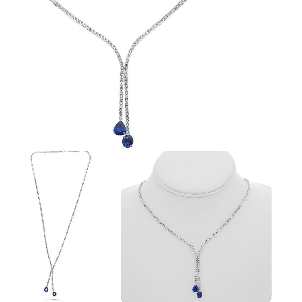 Roman & Jules - 14K White Gold Adjustable Bolo Necklace with Sapphire and Diamond Cluster - 1.38 Carat Total Sapphire Weight