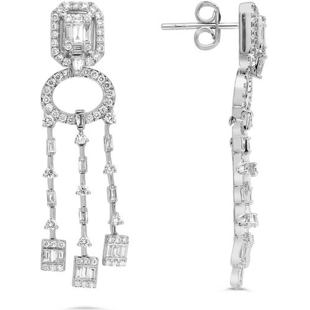 Roman & Jules - 14K White Gold Baguette and Round Diamond Chandelier Earrings - 1.83 Carat Total Diamond Weight