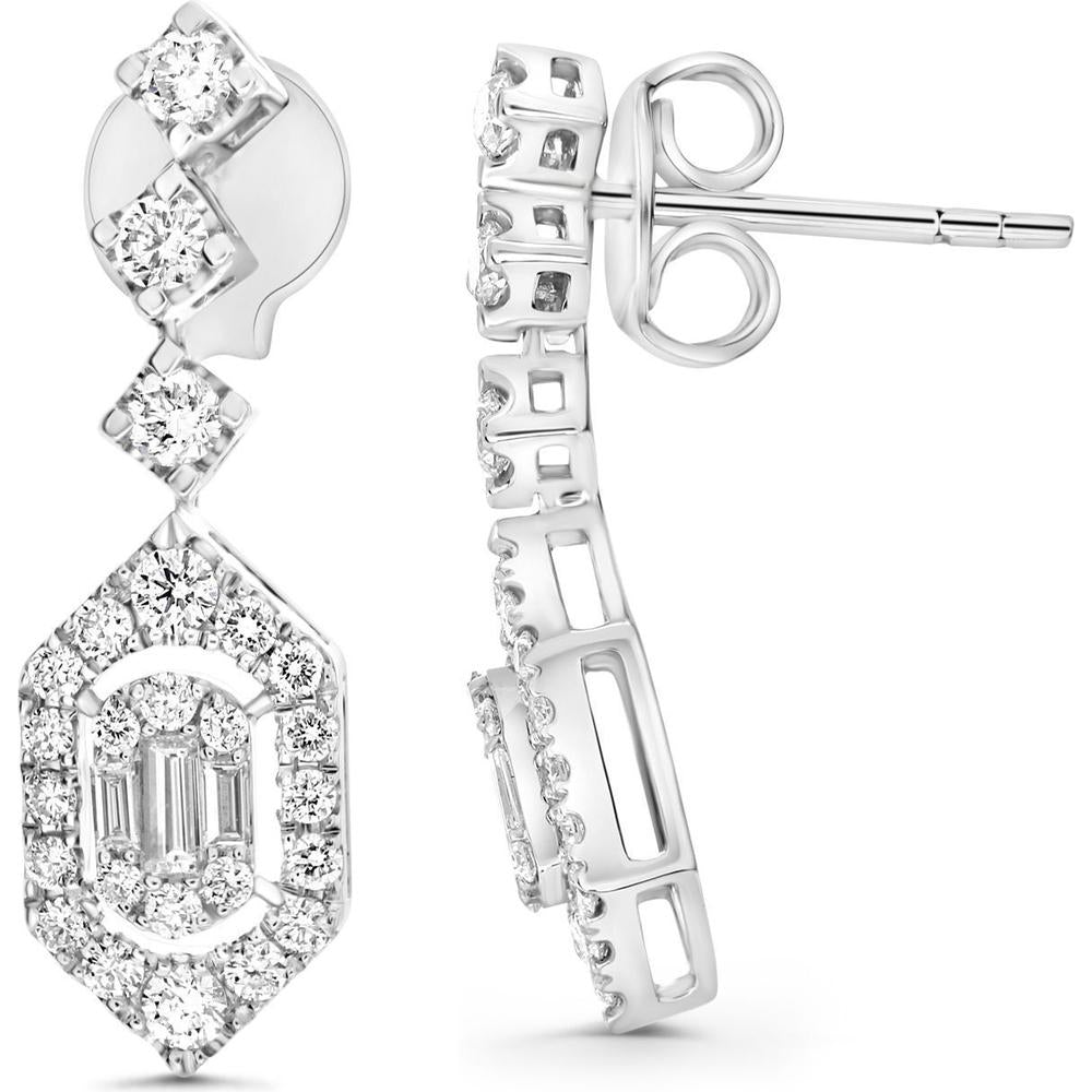 Roman & Jules - 14K White Gold Baguette and Round Diamond Cluster Earrings - 0.62 Carat Total Diamond Weight