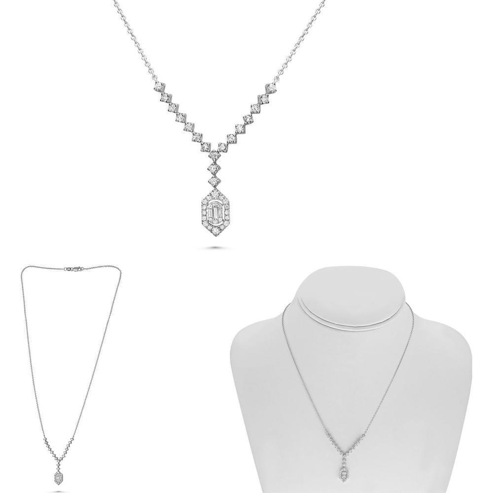 Roman & Jules - 14K White Gold Baguette and Round Diamond Cluster Necklace - 0.70 Carat Total Diamond Weight