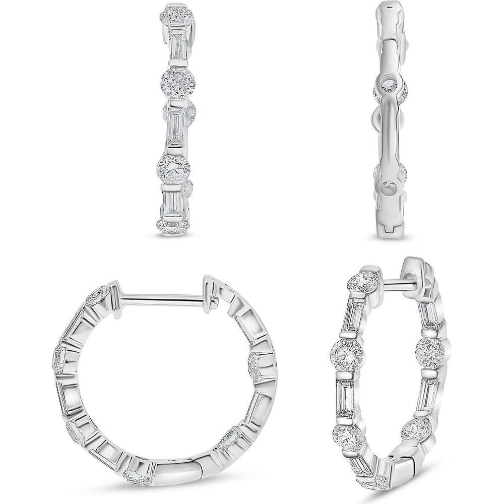 Roman & Jules - 14K White Gold Baguette and Round Diamond Hoop Earrings - 0.90 Carat Total Diamond Weight