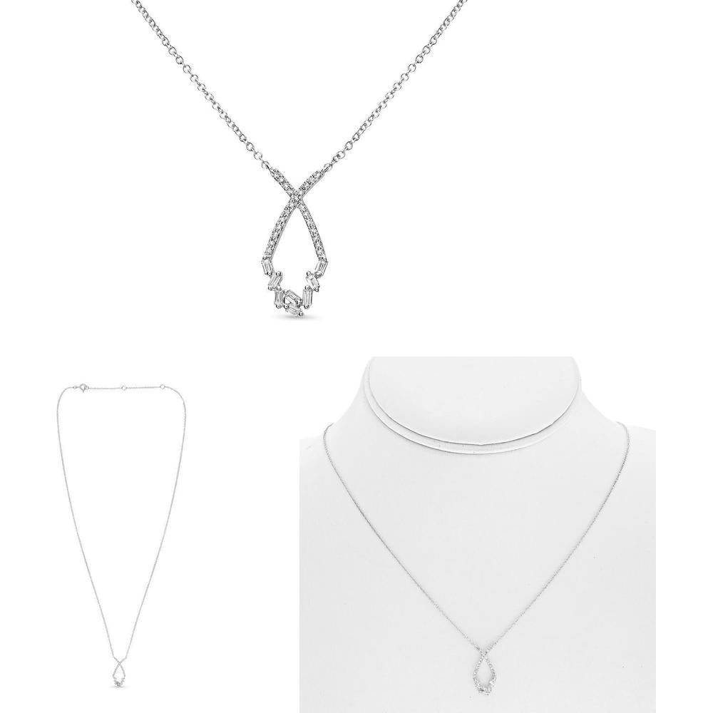 Roman & Jules - 14K White Gold Baguette and Round Diamond Necklace - 0.18 Carat Total Diamond Weight