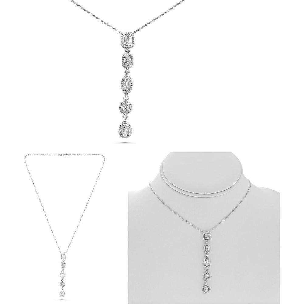 Roman & Jules - 14K White Gold Baguette and Round Diamond Necklace - 1.18 Carat Total Diamond Weight