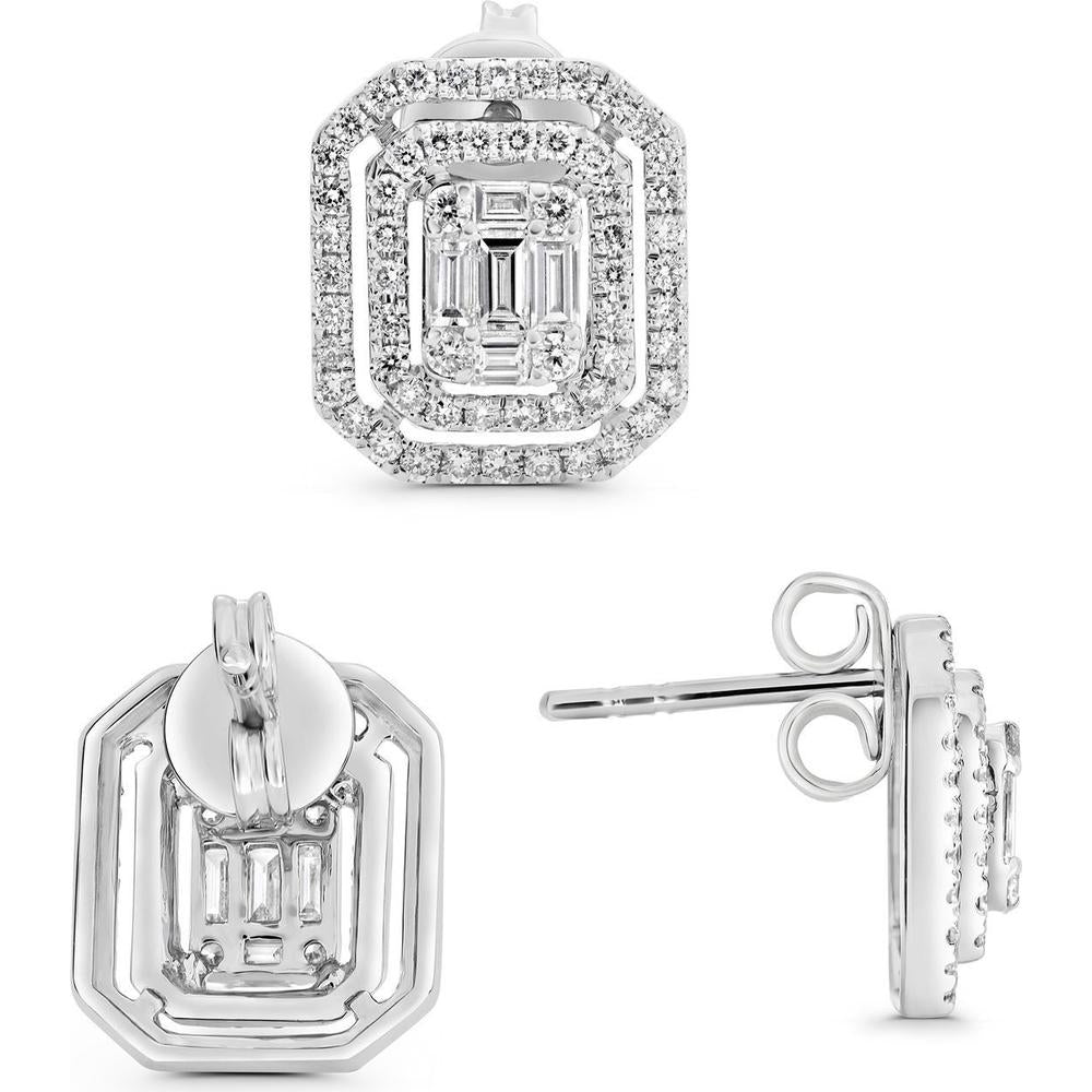 Roman & Jules - 14K White Gold Baguette and Round Diamond Stud Earrings - 1.30 Carat Total Diamond Weight