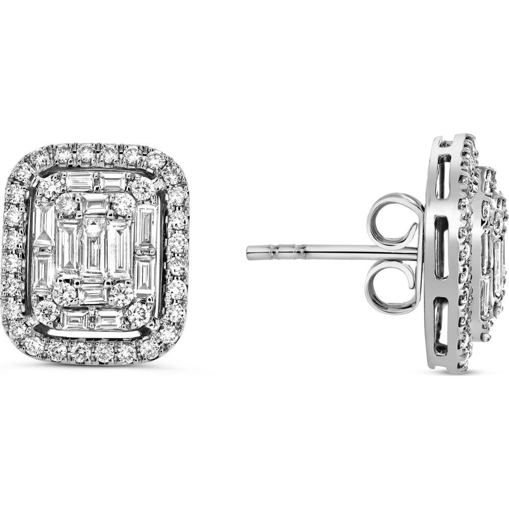 Roman & Jules - 14K White Gold Baguette and Round Diamond Stud Earrings - 1.48 Carat Total Diamond Weight