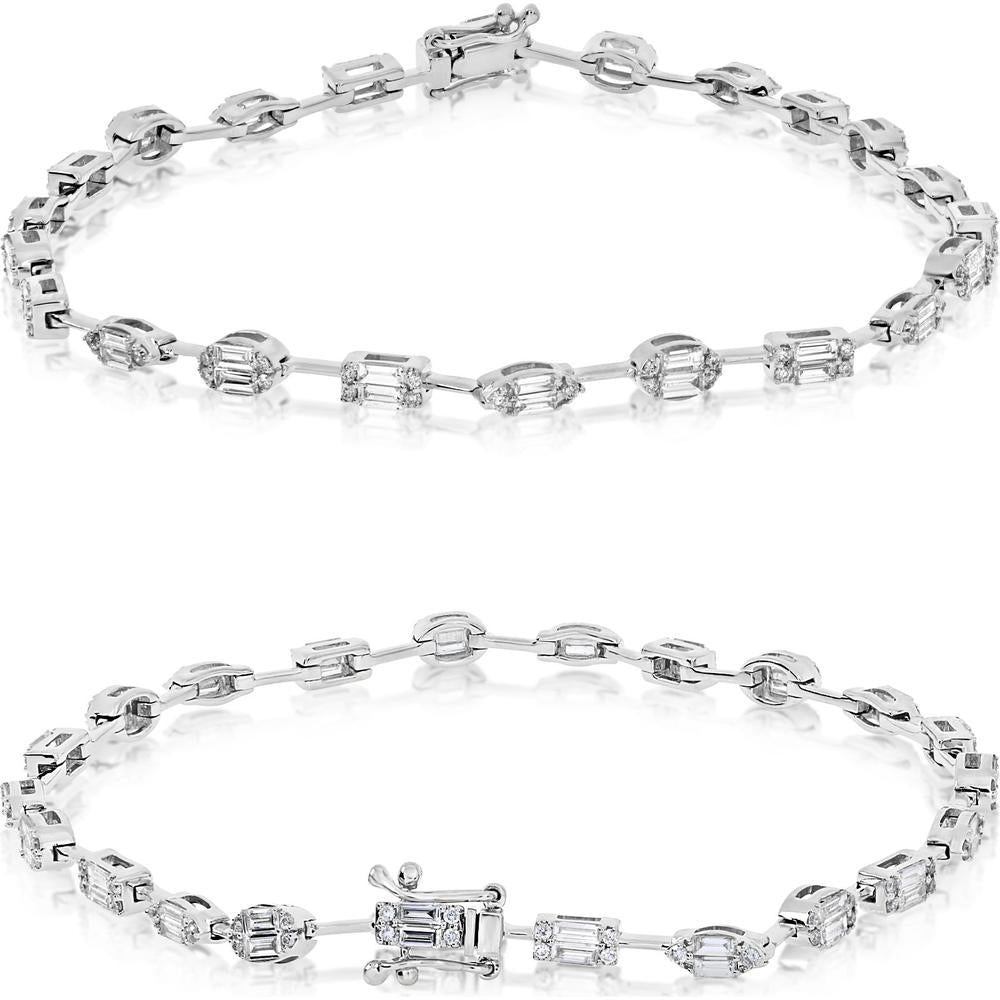 Roman & Jules - 14K White Gold Baguette and Round Diamond Tennis Bracelet - 1.30 Carat Total Diamond Weight