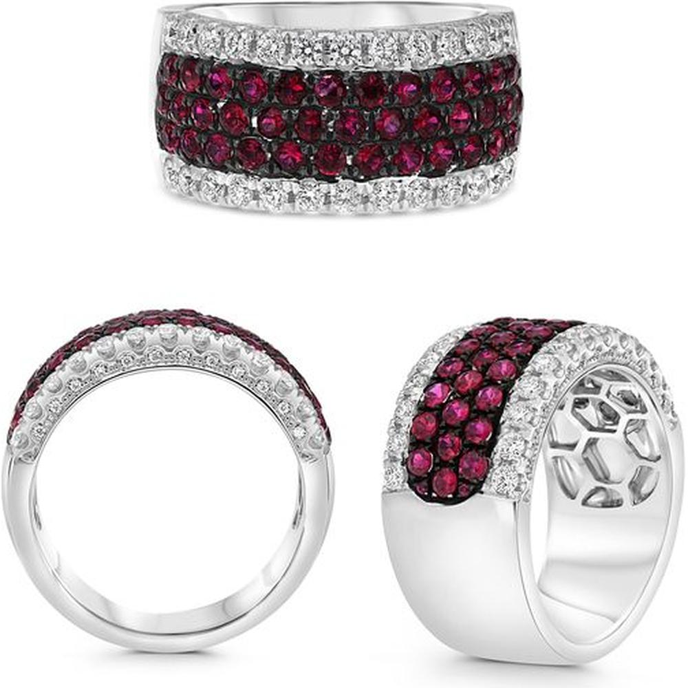 Roman & Jules - 14K White Gold Band Ring with 1.23 Carat Round Rubies and 0.58 Carat Pave Set Diamonds