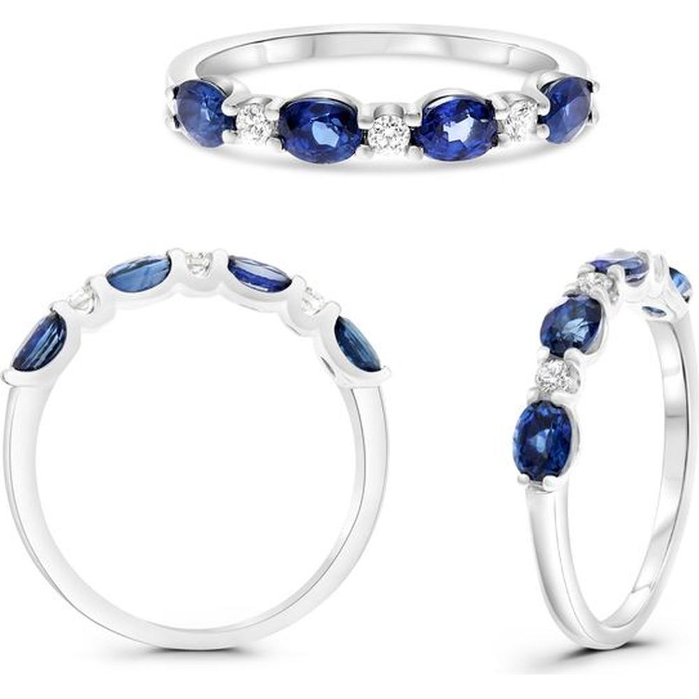 Roman & Jules - 14K White Gold Band Ring with Oval Sapphire and Round Diamonds - 1.09 Carat Total Gem Weight