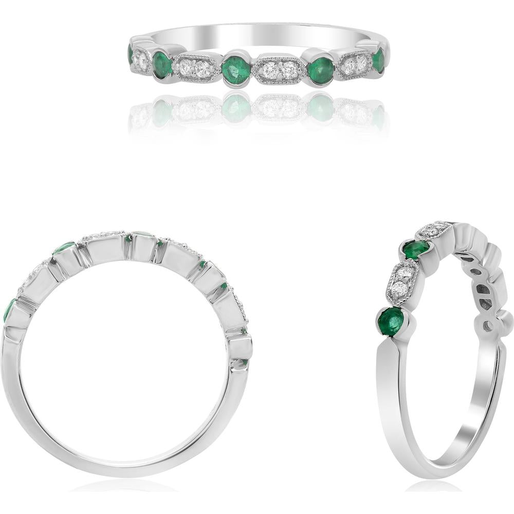 Roman & Jules - 14K White Gold Band Ring with Round Diamonds and Emeralds - 0.27 Carat Total Gem Weight