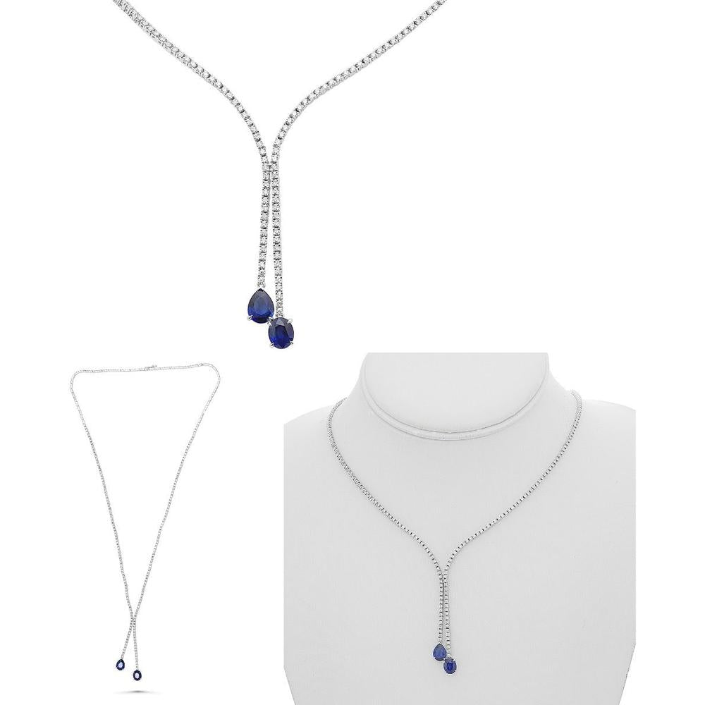 Roman & Jules - 14K White Gold Bolo Tie Necklace with 2.50 Carat Round Diamond and 2.32 Carat Total Pear-Shaped Sapphire