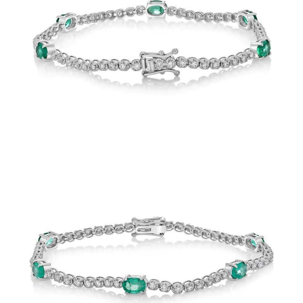 Roman & Jules - 14K White Gold Bracelet with Round Diamond and Oval Emeralds - 2.00 Carat Total Emerald Weight, 1.00 Carat Total Diamond Weight