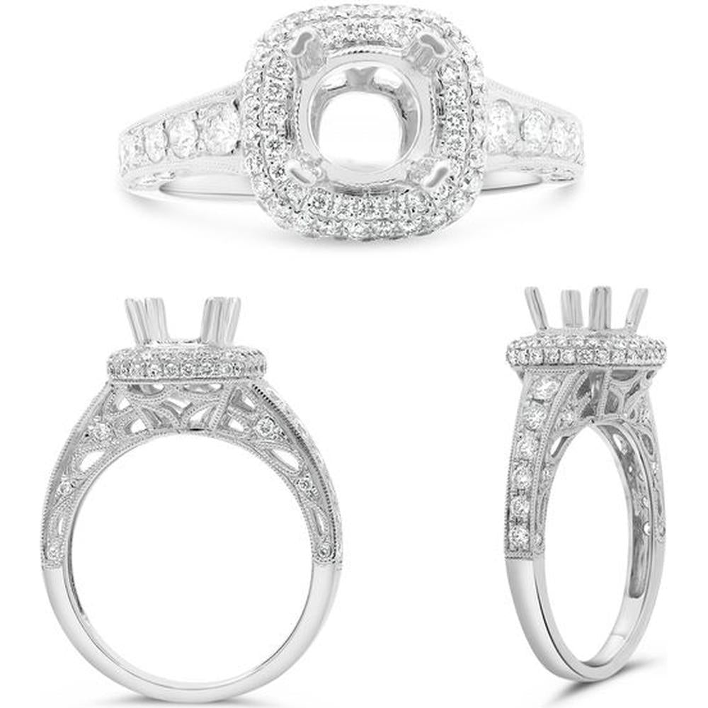 Roman & Jules - 14K White Gold Cascading Halo Engagement Ring with 0.75 Carat Round Diamond and Milgrain Detail