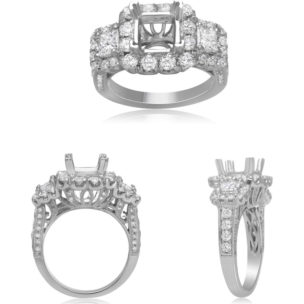 Roman & Jules - 14K White Gold Cathedral Side Stone Engagement Setting with Princess Cut and Round Diamonds - 1.40 Carat Total Diamond Weight
