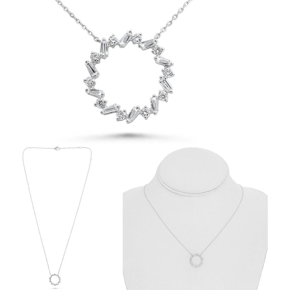 Roman & Jules - 14K White Gold Circle Pendant Necklace with Round and Baguette Diamonds - 0.38 Carat Total Diamond Weight