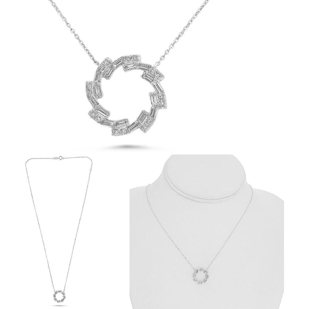 Roman & Jules - 14K White Gold Circle Pendant Necklace with Round and Baguette Diamonds - 0.46 Carat Total Diamond Weight