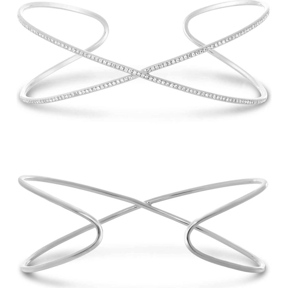Roman & Jules - 14K White Gold Criss Cross Bangle with Round Pave Set Diamonds - 0.42 Carat Total Diamond Weight