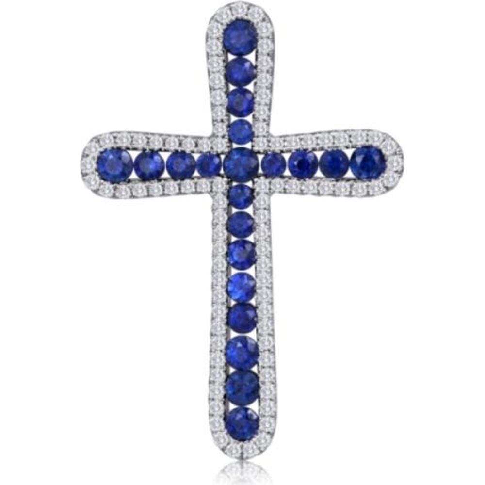 Roman & Jules - 14K White Gold Cross Pendant with Round Sapphire and Diamond Halo - 0.44 Carat Total Diamond Weight