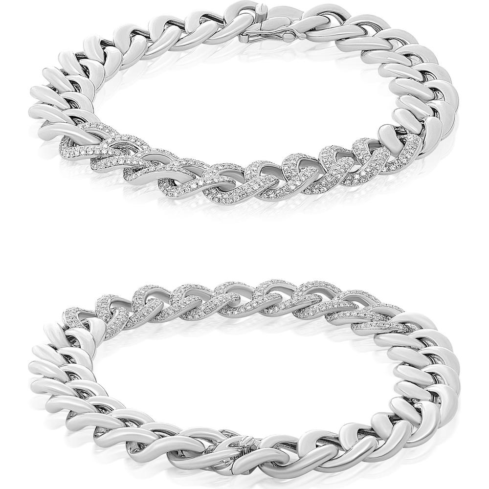 Roman & Jules - 14K White Gold Curb Chain Bracelet with Pave Set Round Diamonds - 1.26 Carat Total Diamond Weight