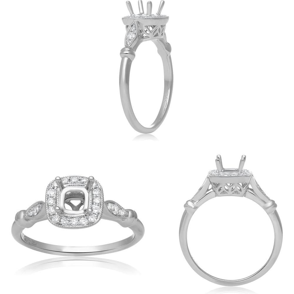 Roman & Jules - 14K White Gold Cushion Cut Diamond Halo Ring - 0.19 Carat Total Diamond Weight
