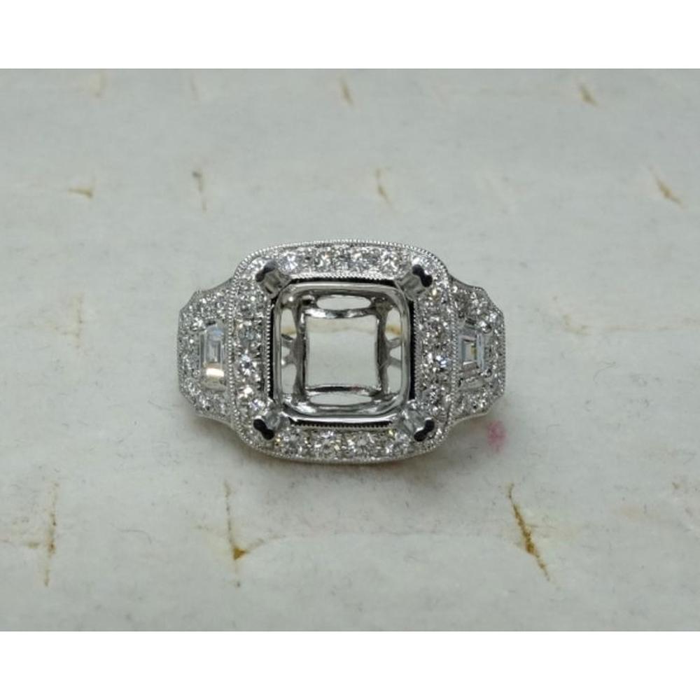 Roman & Jules - 14K White Gold Cushion Cut Diamond Halo Ring with Round and Baguette Diamonds - 1.37 Carat Total Diamond Weight
