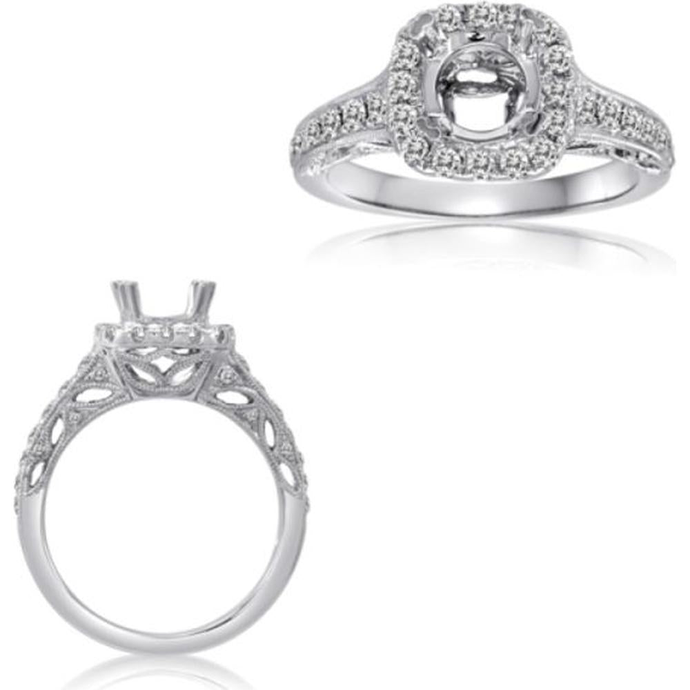 Roman & Jules - 14K White Gold Cushion Cut Diamond Halo Ring with Round Diamonds - 0.60 Carat Total Diamond Weight
