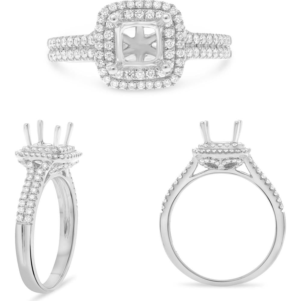 Roman & Jules - 14K White Gold Cushion Cut Diamond Ring with Double Halo and Split Shank - 0.44 Carat Total Diamond Weight