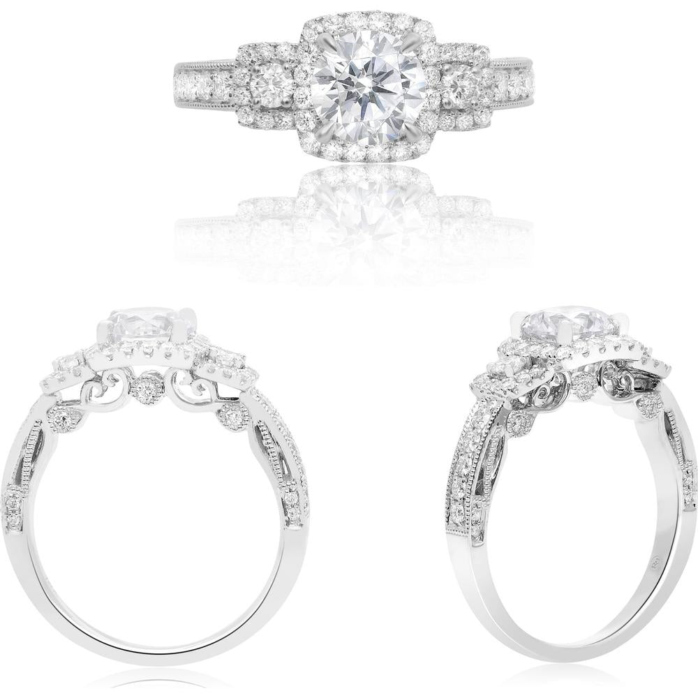 Roman & Jules - 14K White Gold Cushion Cut Diamond Ring with Halo - 0.62 Carat Total Diamond Weight