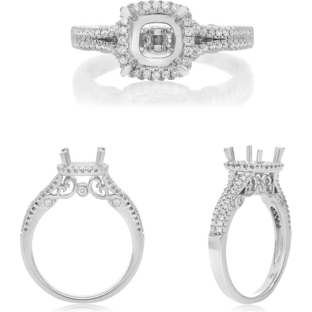 Roman & Jules - 14K White Gold Cushion Cut Halo Diamond Ring with Split Shank - 0.34 Carat Total Diamond Weight
