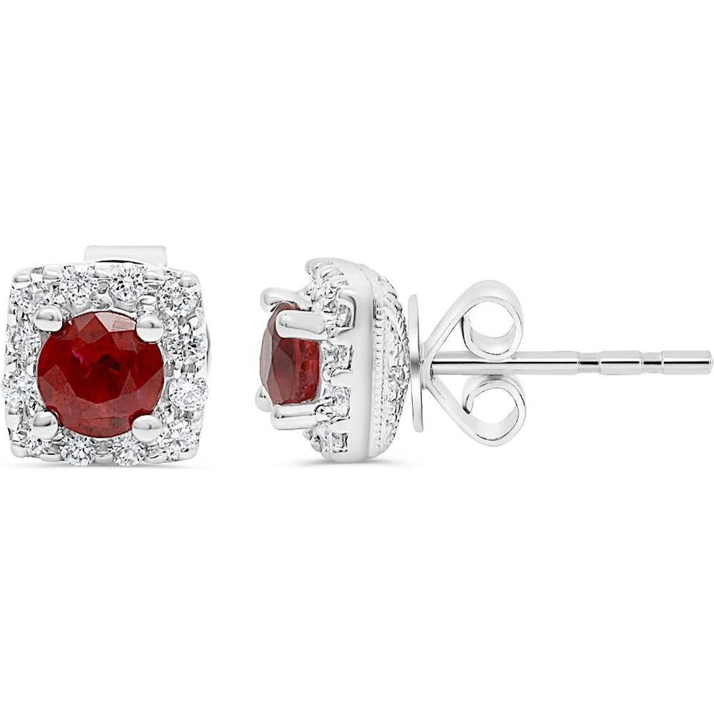 Roman & Jules - 14K White Gold Cushion Cut Ruby Stud Earrings with Halo of Round Diamonds - 0.75 Carat Total Ruby Weight, 0.31 Carat Total Diamond Weight