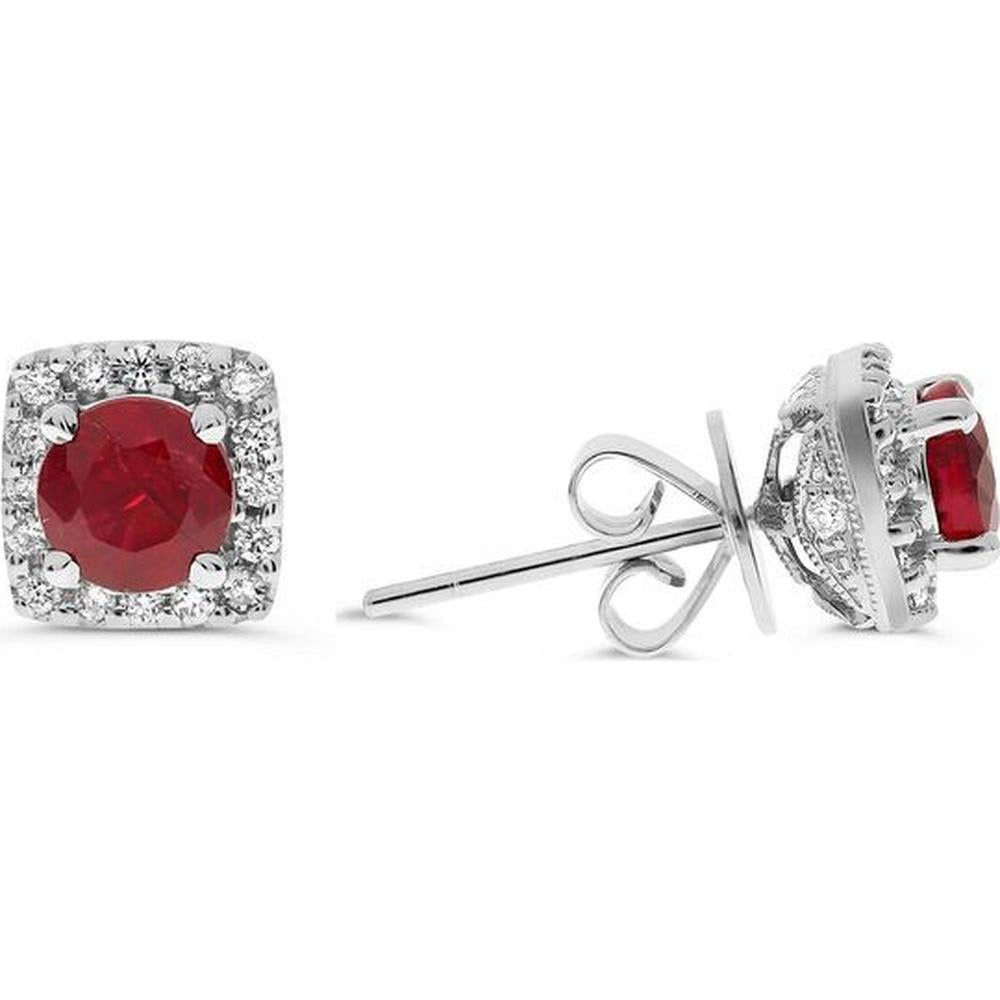 Roman & Jules - 14K White Gold Cushion Cut Ruby Stud Earrings with Round Diamond Halo - 1.66 Carat Total Ruby Weight