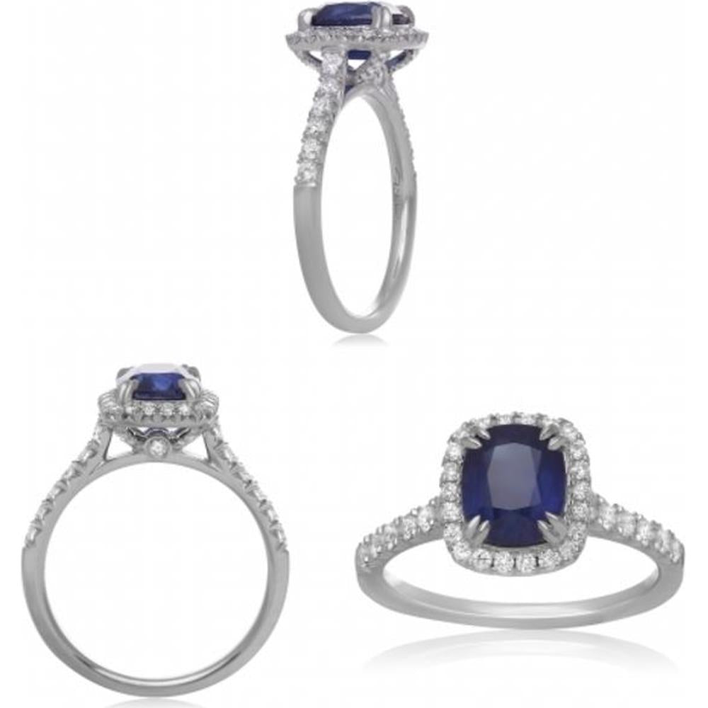 Roman & Jules - 14K White Gold Cushion Cut Sapphire Ring with Diamond Halo - GIA Certified 1.23 Carat Sapphire Weight