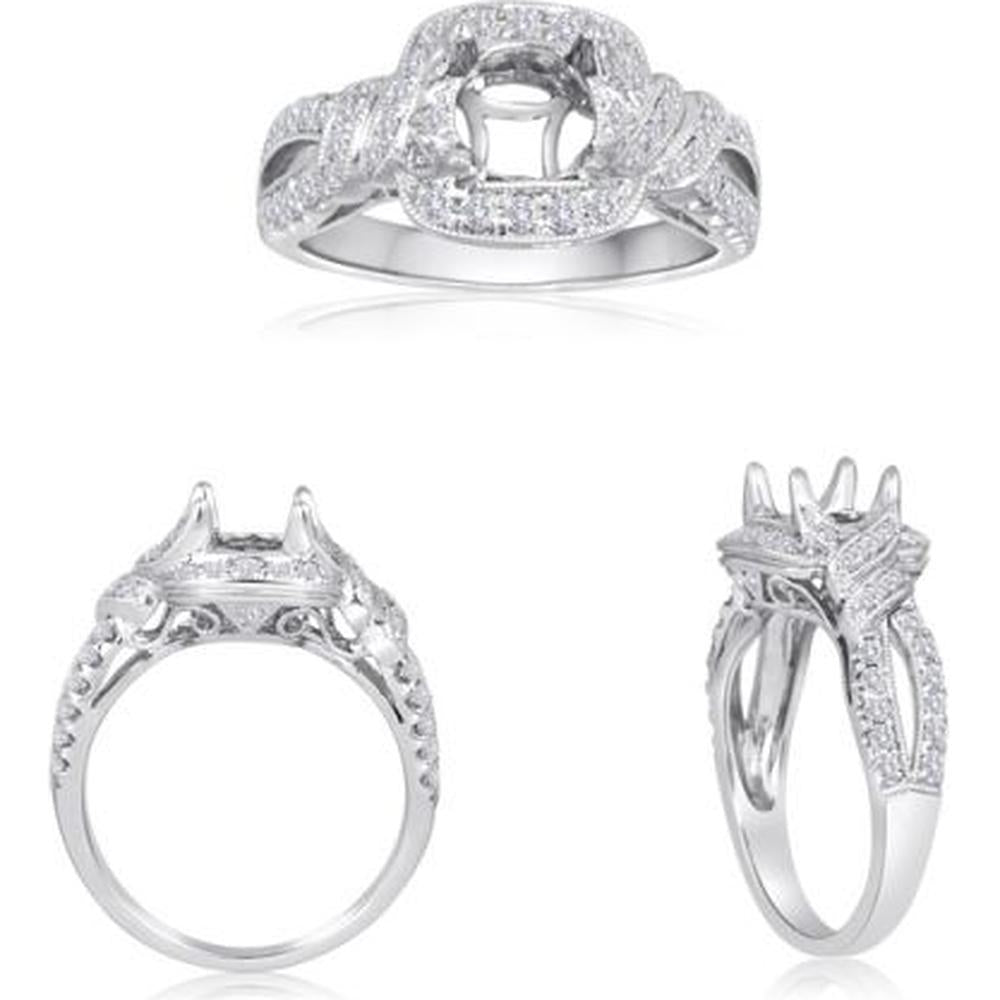 Roman & Jules - 14K White Gold Cushion Diamond Halo Ring with Split Shank - 0.49 Carat Total Diamond Weight