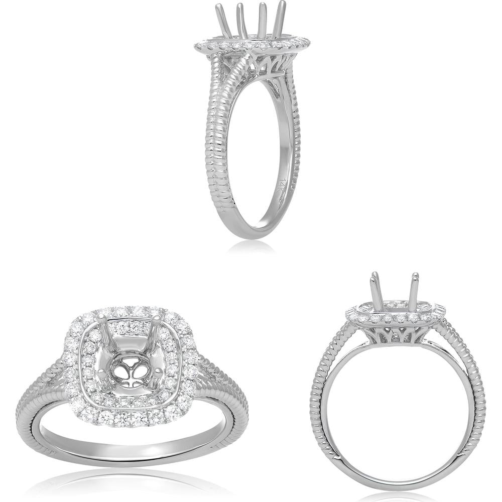 Roman & Jules - 14K White Gold Cushion Diamond Ring with Braided Shank and Round Diamonds - 0.41 Carat Total Diamond Weight